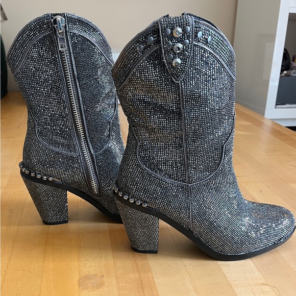 Dolls Kill Shoes - Doll Kill Icy Sheriff Shine Bling Rhinestone Silver Sparkle Cowboy Boots *EUC*